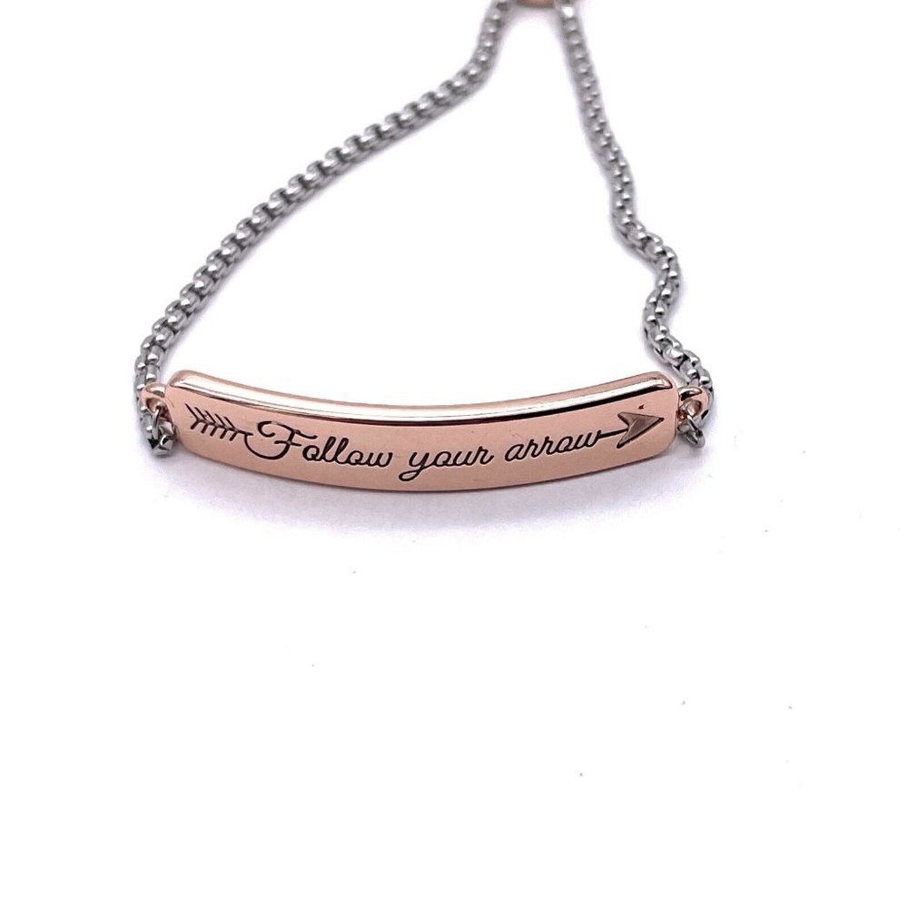 Follow Your Arrow Engraved Bar Chain Bracelet Slide Closure Silver Tone